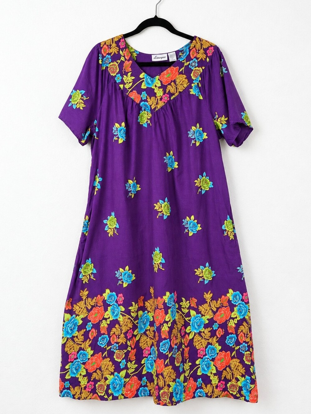 Loungees Purple Floral Cotton Muumuu Dress Boho Grannycore Lagenlook Pockets